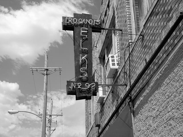 Exterior of Elks Lodge with neon sign